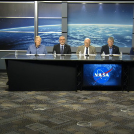 24 de agosto de 2024. Bill Nelson y su equipo en una rueda de prensa en el Centro Espacial Johnson (Texas), a 24 de agosto de 2024.