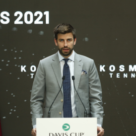 El futbolista y promotor del torneo, Gerard Piqué, interviene en la presentación oficial de las finales de la Copa Davis 2021 en la Real Casa de Correos