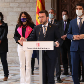 El president de la Generalitat, Pere Aragonès, durant la compareixença posterior a la reunió del Govern per abordar la resposta al 'Catalangate'.