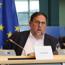 19/04/2022 - Oriol Junqueras en la roda de premsa al Parlament Europeu en què l'independentisme va denunciar el Catalangate.