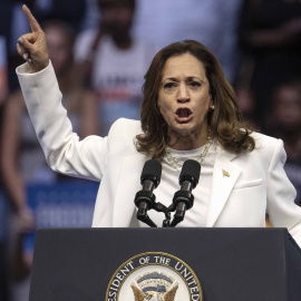 La vicepresidenta estadounidense y candidata presidencial demócrata Kamala Harris habla durante un mitin de campaña en el Enmarket Arena de Savannah, a 29 de agosto.