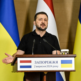 El presidente ucraniano, Volodímir Zelenski, durante una rueda de prensa en Zaporiyia.