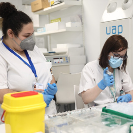 Profesionales sanitarias de laboratorio trabajan con pruebas PCR para la mpox, a 31 de mayo de 2022. (Archivo).