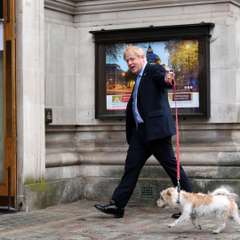 El primer ministro británico, Boris Johnson, llega a un colegio electoral con su perro Dilyn para votar durante las elecciones locales en Westminster, Londres.