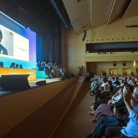 Intervenció per videoconferència de Carles Puigdemont en la clausura de l'assemblea del PDeCAT, aquest diumenge 22 de juliol. EFE/ Marta Pérez.