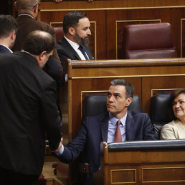 Oriol Junqueras saludando a Pedro Sánchez en el Congreso con Abascal y Espinosa de los Monteros al fondo. / EP