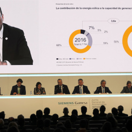 El consejero delegado, de Siemens Gamesa, el alemán Markus Tacke, expone los datos en la Junta de Accionistas de 2019 Siemens Gamesa Renewable Energy. EFE/Luis Tejido.