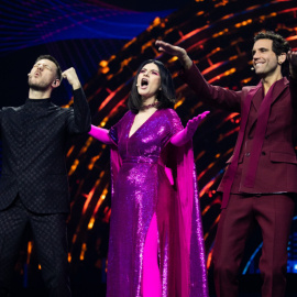 Mika, Laura Pausini, Alessandro Cattelan presenting at the first semi final