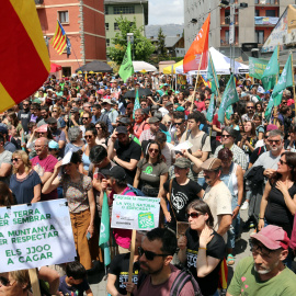 Pancartes contra els Jocs d'hivern al final de la manifestació a Puigcerdà.