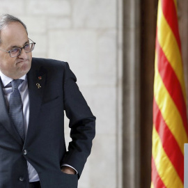 El presidente de la Generalitat, Quim Torra, durante su comparecencia en la Galería Gótica del Palau de la Generalitat. - EFE