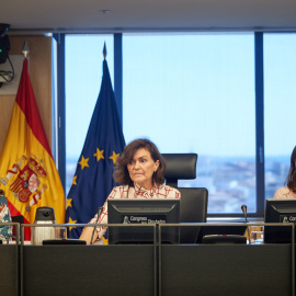 18/05/2022.- La exvicepresidenta del Gobierno y presidenta de la Comisión de Igualdad, Carmen Calvo, este miércoles durante el debate y votación de la ley del 'sólo sí es sí' en el Congreso. EFE/ Miguel Osés