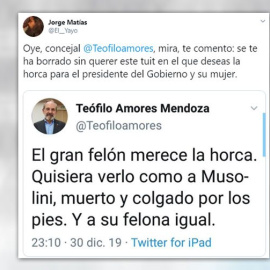 Teófilo Amores, concejal no adscrito del Ayuntamiento de Cáceres publica un tuit deseando la muerte a Pedro Sánchez.