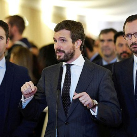 Teodoro García Egea, Pablo Casado y Javier Maroto durante el acto por el aniversario de la Constitución. EFE