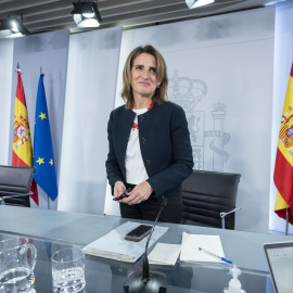 La vicepresidenta tercera y ministra para la Transición Ecológica y el Reto Demográfico, Teresa Ribera, conversa con los medios tras una rueda de prensa posterior al Consejo de Ministros Extraordinario, en La Moncloa, a 13 de mayo de 2022, en Madrid.