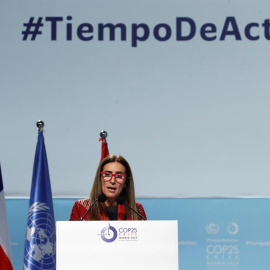 15/12/2019.- La ministra de Medio Ambiente de Chile y presidenta de la COP25, Carolina Schmidt, durante la comparecencia en la Cumbre del Clima de Madrid (COP25) celebrada este domingo en Madrid.La cumbre del clima en Madrid marca un nuevo ciclo de "mayor