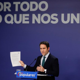 El secretario general del Partido Popular (PP), Teodoro García Egea, en rueda de prensa en la sede del partido tras la reunión del Comité de Dirección, este lunes, en Madrid. EFE/Emilio Naranjo