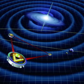 Esquema de LISA detectando ondas gravitacionales procedentes de una galaxia lejana.