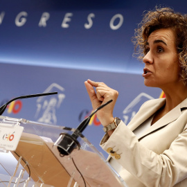 La portavoz del PP en el Congreso, Dolors Montserrat, durante la rueda de prensa ofrecida en la Cámara Baja. EFE/Mariscal