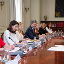 El presidente del Tribunal Supremo y del Consejo General del Poder Judicial, Carlos Lesmes (4i), preside la reunión de la Junta del Observatorio de Violencia de Género y Doméstica. - EFE/Luca Piergiovanni