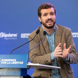 19/01/2020.- El presidente del PP Pablo Casado, durante su intervención en el acto de partido, "Los Gobiernos por la Libertad", hoy en el Auditorio Regional de Murcia. EFE/Marcial Guillén