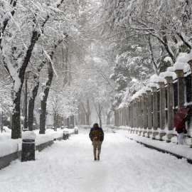 Vista del Paseo del Prado en Madrid, este sábado, cubierto de nieve tras el paso de la borrasca Filomena.