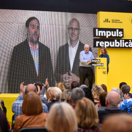 El míting d'ERC a Sant Vicenç dels Horts, amb Junqueras i Romeva intervint per videoconferència. MARC PUIG