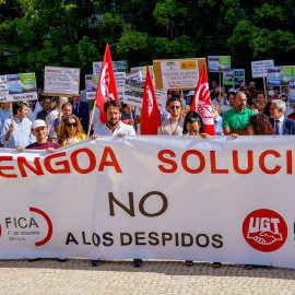 Trabajadores de los comités de las sociedades de Abengoa en la sede de Palmas Altas, concentrados para pedir que la SEPI responda a 08 de junio del 2022 en Sevilla (Andalucía, España)