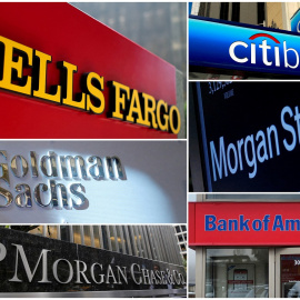 Los logos de los principales bancos de EEUU: Wells Fargo, Citigbank, Morgan Stanley, JPMorgan Chase, Bank of America, JPMorgan, y Goldman Sachs.