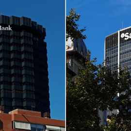 Los edificios de las sedes de Caixabank y de Banco Sabadell en Barcelona. REUTERS