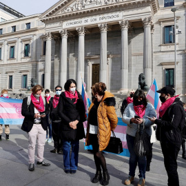 Miembros de la Federación Plataforma Trans y de otros colectivos se congregan a las puertas del Congreso este jueves para expresar su indignación por el bloqueo de la ley trans y anunciar una posible huelga de hambre si no se tramita esa norma.