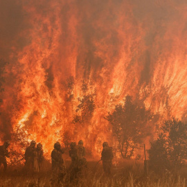 18/07/2022 - Los bomberos actúan en el lugar de un incendio forestal en Pumarejo de Tera, cerca de Zamora, en el norte de España, el 18 de junio de 2022..