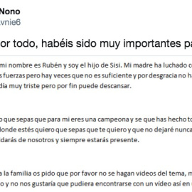 El hijo de la 'gamer' Sisi Nono ha difundido en Twitter la noticia del fallecimiento de su madre.