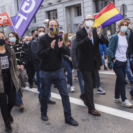 El candidato de Unidas Podemos a la Presidencia de la Comunidad de Madrid, Pablo Iglesias (2i); el candidato del PSOE, Ángel Gabilondo (3i); la candidata de Más Madrid, Mónica García (2d), y la 'número 2' del PSOE para las elecciones a la Asamblea de