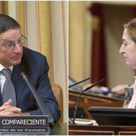 El expresidente de la Comisión de Investigación de Accidentes Ferroviarios (CIAF), Vicente Rallo, en su comparecencia en el Congreso; y la presidenta de la Cámara baja, Ana Pastor, en un Pleno. E.P.