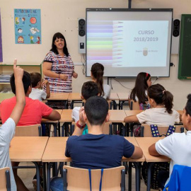 Alumnos de primaria en su primer día de clase en el colegio Begastri de Cehegín, (Murcia), el primero de toda España en comenzar las clases. /EFE