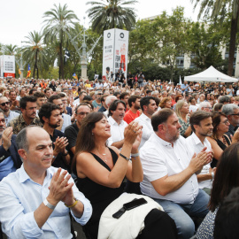 11/09/2022 El líder de ERC, Oriol Junqueras; la presidenta de JxCat, Laura Borràs, y el secretario general, Jordi Turull, asisten al acto organizado por Òmnium Cultural con motivo de la Diada del 11 de septiembre, este domingo en Barcelona