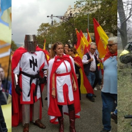 A la izquierda, nazis de Svoboda manifestándose en Kiev. En el centro, el líder del Frente Nacional Identitario del que era simpatizante el francotirador manifestándose por la unidad de España en Barcelona y a la derecha paramilitares del grupo nazi u