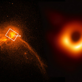 En el núcleo de la galaxia M87 (a la izquierda) se ha captado la primera imagen de un agujero negro (a la derecha). / Primera foto de NASA/CXC/Villanova University/J. Neilsen y segunda de la colaboración EHT