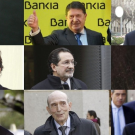 Nueve de los 32 imputados por el fiasco de la salida a bolsa de Bankia, de izquierda a derecha: Rodrigo Rato, José Luis Olivas, Arturo Fernández, Francisco Javier López Madrid, José Antonio Moral Santín, Ricardo Romero de Tejada, Ángel Acebes, José