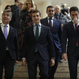 El senador Ignacio Cosidó junto al presidente del PP, Pablo Casado y el secretario general, Teodoro García Egea. EUROPA PRESS/Eduardo Parra.