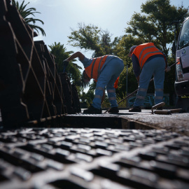 Personal de limpieza del ayuntamiento de La Laguna (Tenerife) efectúa labores de desescombro del alcantarillado público en previsión de las lluvias a consecuencia del ciclón tropical.