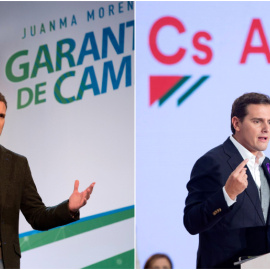 Los líderes nacionales de PP, Pablo Casado, y de Ciudadanos,  Albert Rivera, en sendos mítines de la campaña de las elecciones andaluzas del 2-D. EFE