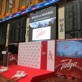 Escenario de Talgo en la Bolsa de Madrid en el primer día de cotización del fabricante ferroviario. E.P.