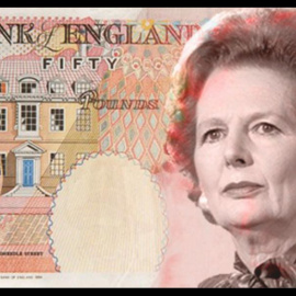 Simulación de los nuevos billetes de 50 libras con la efigie de Margaret Thatcher diseñada por los promotores de la campaña a favor de la ex primera ministra británica.