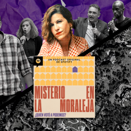 Montaje de Eva Lamarca, periodista del podcast 'Misterio en la Moraleja', junto a los políticos de Unidas Podemos en las elecciones del 2021 y una imagen del barrio de La Moraleja