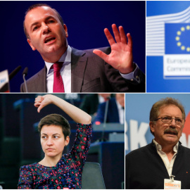 En la foto, de izquierda a derecha, y de arriba a abajo: Frans Timmermans del Partido Socialista Europeo (PSE), Manfred Weber del Partido Popular Europeo (PPE)Margrethe Vestager del Grupo de la Alianza de los Liberales y Demócratas por Europa (ALDE), Ska