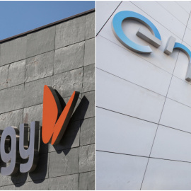 Los logos de las eléctricas Naturgy (antigua Gas Natural Fenosa) y Endesa, en sus sedes en Madrid. REUTERS