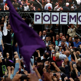 Pablo Iglesias en su regreso en el mitin en Madrid