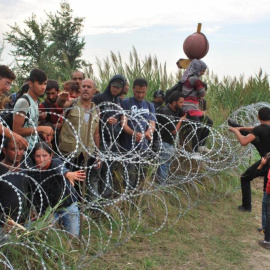 Varios refugiados sirios intentan saltar la alambrada de la frontera entre Hungría y Serbia en Röszke. | EFE