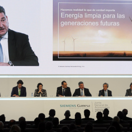 El presidente de Siemens Gamesa, Miguel Angel López, expone  los datos en la Junta de Accionistas de 2019 de Siemens Gamesa Renewable Energy. EFE/Luis Tejido